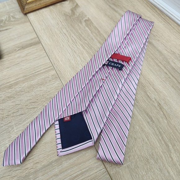 Chaps‎ Men's 100% Silk Necktie Pink Black White Striped Classic Formal Business - Picture 4 of 5